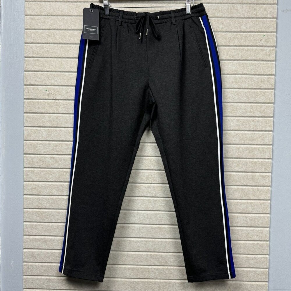NEW Jack & Jones Tapered Joggers Black Blue & White Stripes Drawstring 33x32